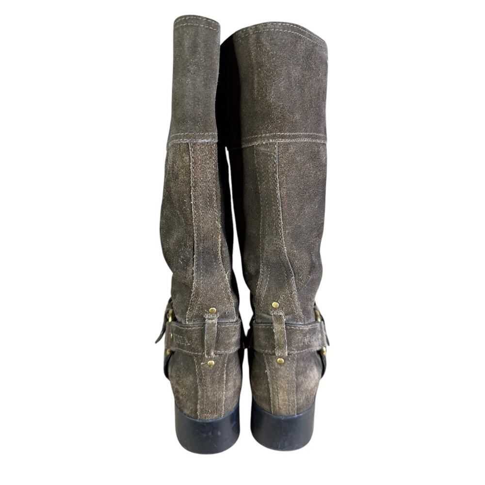 Prada Brown Mid calf Suede Biker Boots with Gold Buckle Logo EU 39 US 9 - Picture 10 of 13